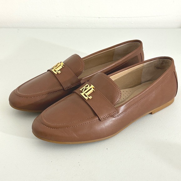 Lauren Ralph Lauren Shoes - LRL Ralph Lauren Averie Brown Leather Loafers Gold Monogram Womens 8 US 39 EU